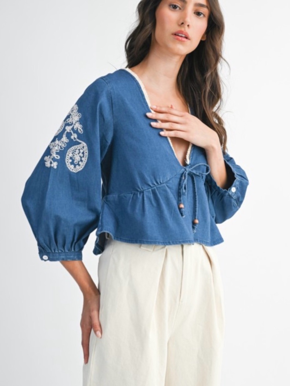 A380. Embroidered V-Neck Peplum Top - Blue - Picture 8 of 8